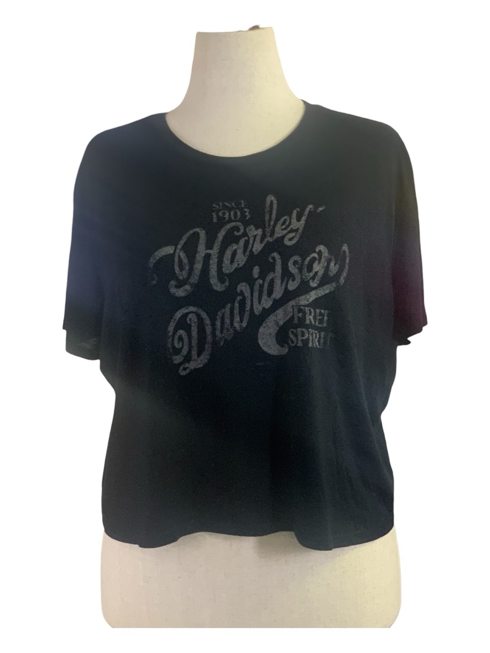 VYG Harley-Davidson Black Cropped Free Spirit Distressed Graphic‎ Tee WV Sz 2XL